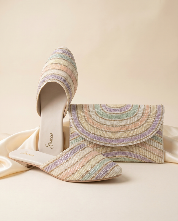 Ensemble Aurore — mules pastel + pochette assortie