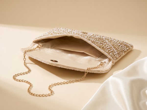 Intérieur de la pochette Éclat : doublure satin beige, poche et chaîne dorée
