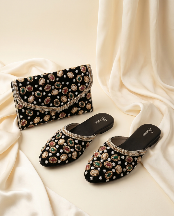 Ensemble Royale — mules brodées + pochette assortie